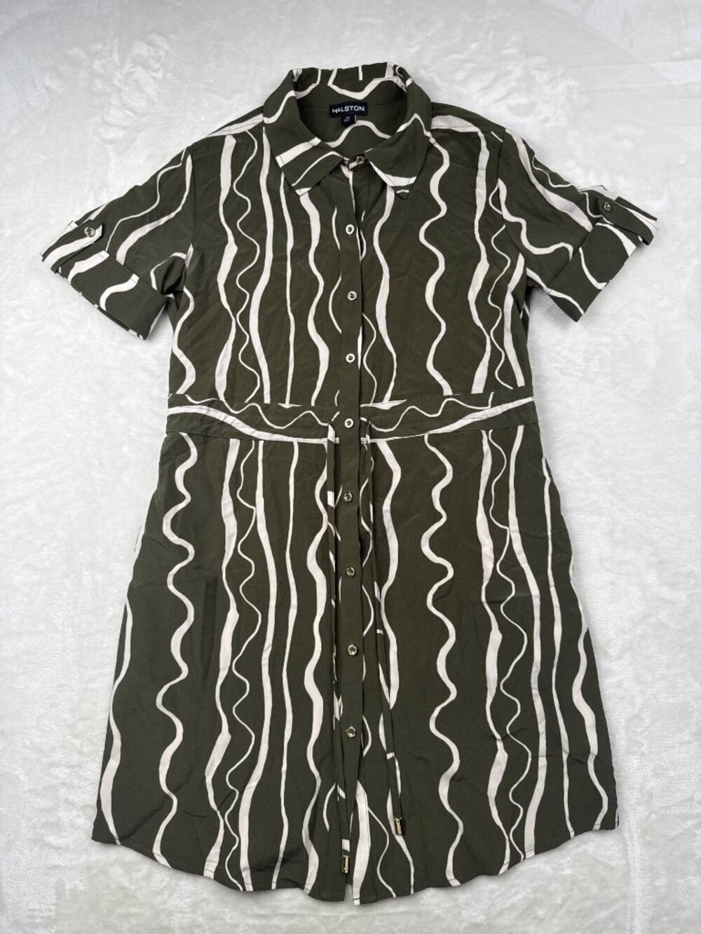 Halston Womens Green & White Wave Print Shirt Dress Size Medium Button-Down